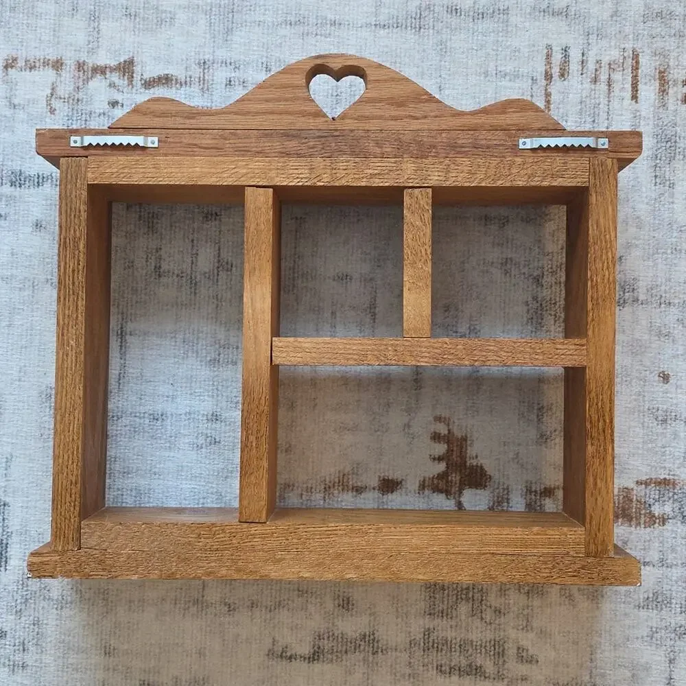 Vintage Golden Oak Trinket Shelf Heart Cutout Cottage Core Rustic 80s 90s READ